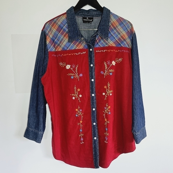 Carole Little 90's Button Down Floral Embroidery Denim Color Block Women's Shirt - Picture 2 of 6